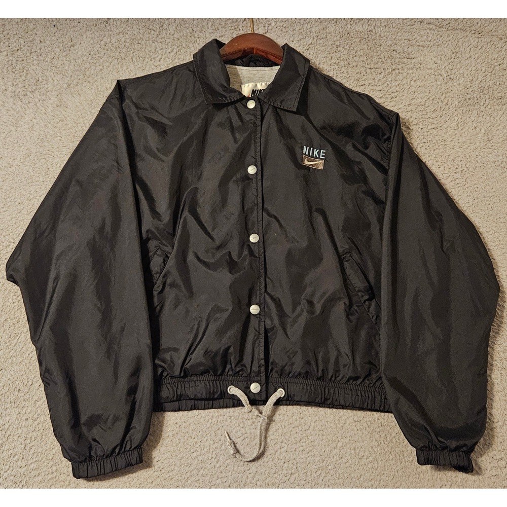 Nike Vintage Windbreaker Jacket Black Nylon Lined Snap Front Womens Size Medium